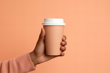 woman hand holding a paper cup of coffee to go in peach fuzz color of the year 2024 on a pastel...