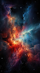 A nebula in space with orange color in the center, in the style of crimson and blue, whiplash curves, light black and pink, nyc explosion coverage, photographs of surfaces, elaborate spacecrafts