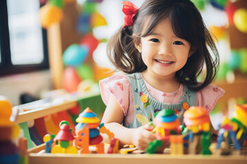 Asian Kid girl playing with colorful baby toy