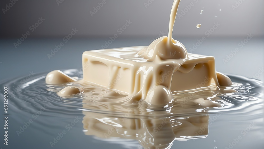 Poster Shiny white chocolate fluid with a reflective chrome mirror water effect creates a textured D background backdrop. from Generative AI