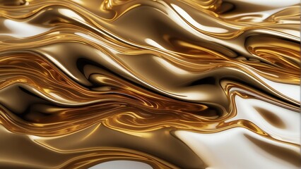 Shiny wavy gold metallic fluid with a reflective chrome mirror water effect creates a textured D background backdrop. from Generative AI