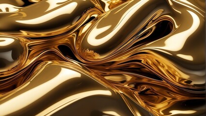 Shiny wavy gold metallic fluid with a reflective chrome mirror water effect creates a textured D background backdrop. from Generative AI