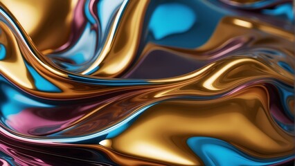 Shiny wavy colorful metallic fluid with a reflective chrome mirror water effect creates a textured D background backdrop. from Generative AI