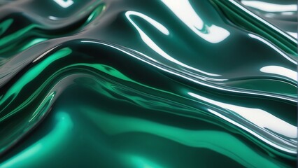 Shiny wavy green metallic fluid with a reflective chrome mirror water effect creates a textured D background backdrop. from Generative AI - obrazy, fototapety, plakaty