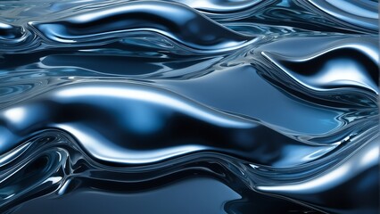 Shiny wavy blue metallic fluid with a reflective chrome mirror water effect creates a textured D background backdrop. from Generative AI - obrazy, fototapety, plakaty