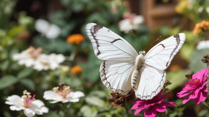 A very beautiful white butterfly with spread wings on a garden background from Generative AI