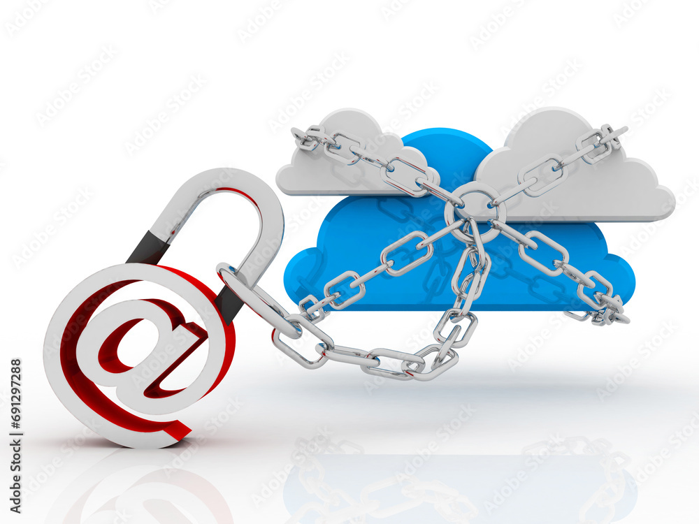 Poster 3d rendering e-mail symbol protection lock with cloud. internet security concept