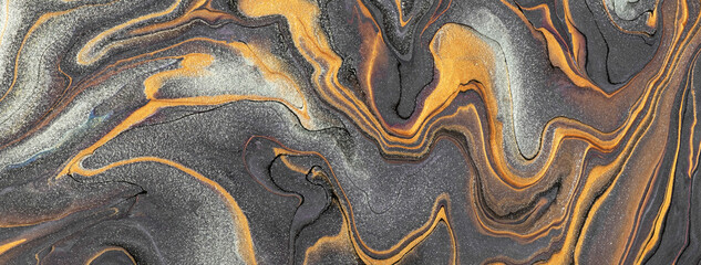 Abstract fluid art background gray and silver colors. Liquid marble. Acrylic painting with golden lines and gradient.