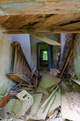 Premises in disrepair in abandoned school building in resettled village of Babchin in exclusion zone of Chernobyl nuclear power plant, Belarus