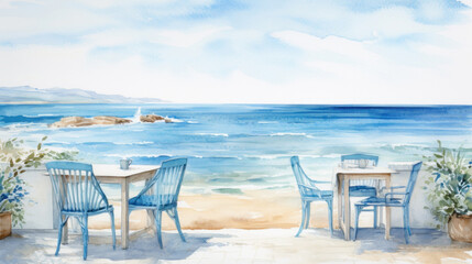 Fototapeta na wymiar Restaurant or cafe with white wooden table and blue chairs in Provencal. Modern interior design