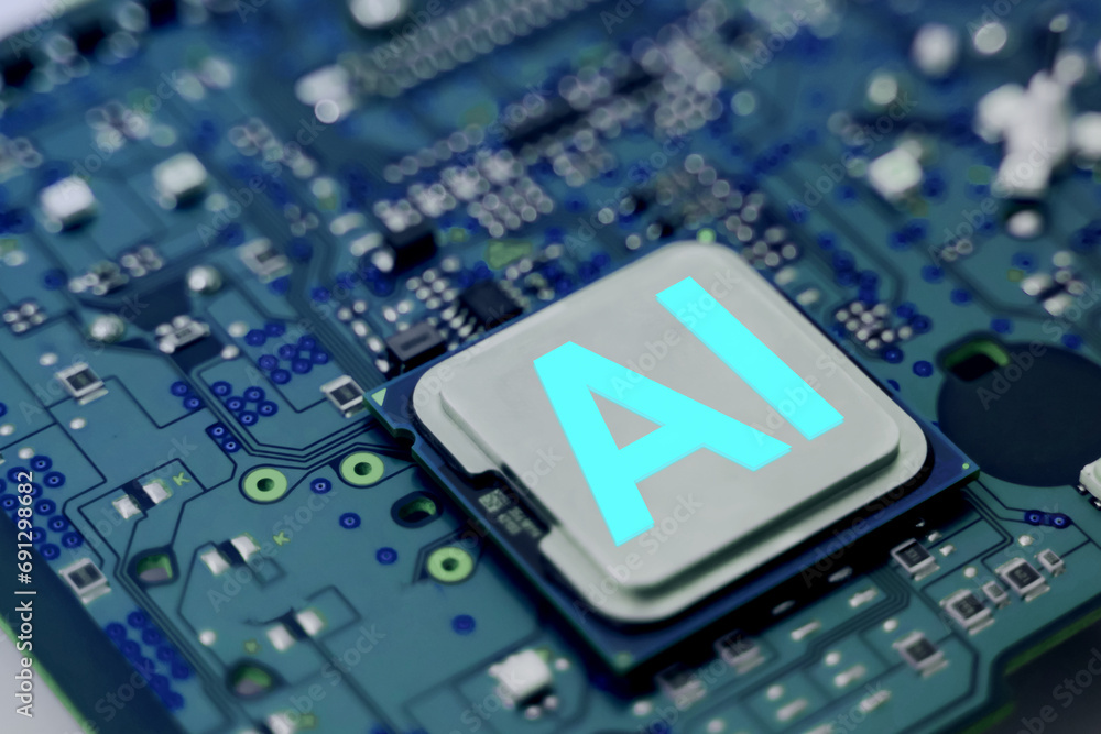 Poster concept ai (artificial intelligence) technology, chip ic on pcb, pcb circuit board, microprocessor, 