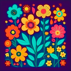 Fototapeta premium Ornamental flowers with stems and leaves. Watercolor art on blue background.