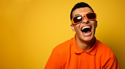 The bright, innocent smile of a disabled boy wearing glasses in a yellow-orange tone