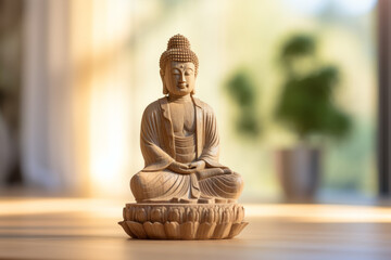 The wooden statue of Buddha meditating behind is a dim interior with exquisite sculpture
