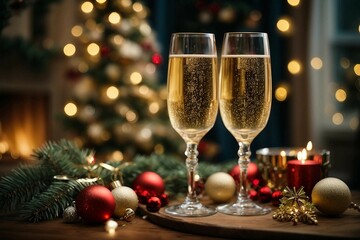 Two beautiful glasses with sparkling champagne on  blurred New Year's background.Generative AI.
