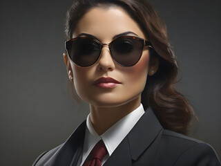 portrait of a business woman wearing black pansuit and sunglasses , clos up shot in front of camera