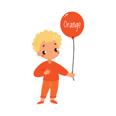 Cheerful Boy with Orange Color Balloon Standing Vector Illustration
