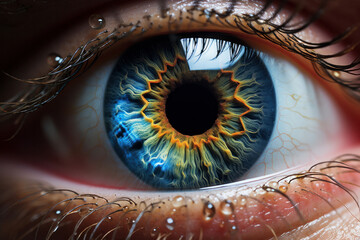 The beauty and precision of a close-up blue eye convey the concept of perfect vision and a healthy life. AI Generative emotion in focus. - obrazy, fototapety, plakaty