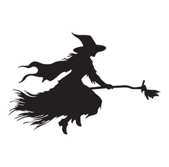 Witch  black   silhouette on  broomstick isolated on white background. Vector illustration.