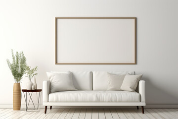 Elegant living room with a white sofa and a mock-up frame poster. Minimalist Scandinavian interior in a modern and comfortable style. This description is AI Generative.
