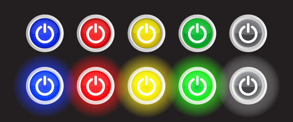 Glowing neon Power button icon isolated on white background. Blue, Red, Yellow, Green and White Color glowing power on or off circle button. Vector Illustration - obrazy, fototapety, plakaty