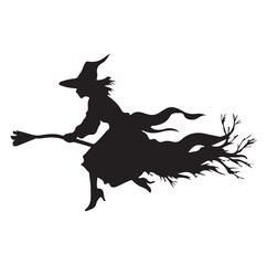 Witch  black   silhouette on  broomstick isolated on white background. Vector illustration.