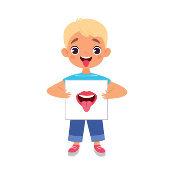 Little Boy Holding Card with Mouth Body Part Vector Illustration