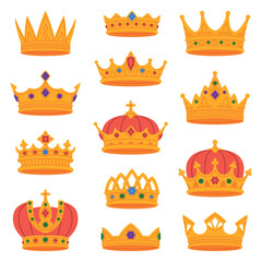 Golden Crown as Royal and Monarch Symbol Vector Set