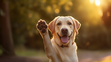 Yellow labrador dog giving high five. Happy and smiling outdoors.