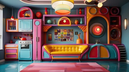 Cuisine excentrique vintage et retro avec des couleurs pop et flashy. 