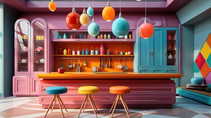 Cuisine excentrique vintage et retro avec des couleurs pop et flashy. 