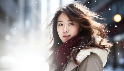 Fashion portrait candid shot of a beautiful asian japanese woman outdoors on winter, christmas bokeh lights at the background, snow or snowflakes falling