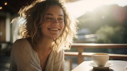 a beautiful young woman savoring warm coffee on a sunlit terrace in the morning. generative AI