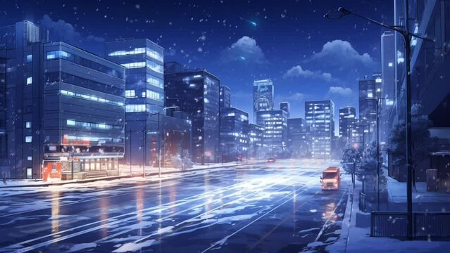 City in winter, snowfall in the city at night with sky and stars background. Anime illustration style. Smooth looping time-lapse animation background. Generated with AI