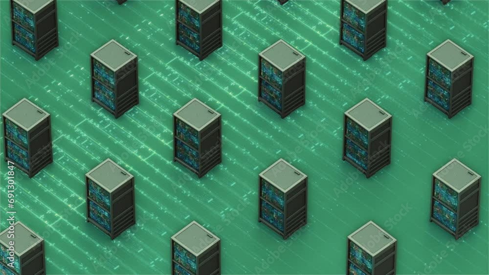 Poster internet of things computer technology growing nodes server system. 4k animation. cartoony style.