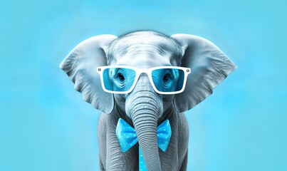 a bright baby blue elephant with glasses on the baby blue background - obrazy, fototapety, plakaty