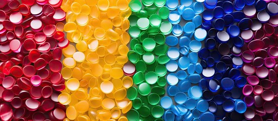 Colorful plastic polymers are used as pallet material and stored in glass bottles.