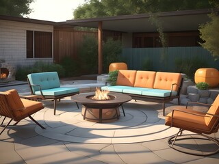 MidCentury Modern Patio With Retro Furniture Generative AI