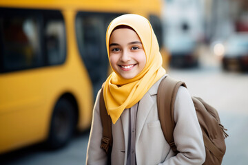 cute schoolgirl in a hijab is enjoying the start of school. Muslim children study hard at new school