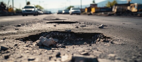 Damaged and worn asphalt road with holes and potholes.