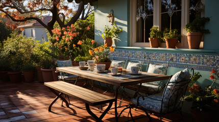 Fototapeta na wymiar Mediterranean Dreams: Terrace with Wrought Iron Table
