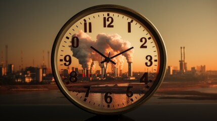 Air pollution: old clock that is broken picture industrial factory emitting pollution It means time is running out. If we continue to release pollutants, atmosphere the earth will be destroyed