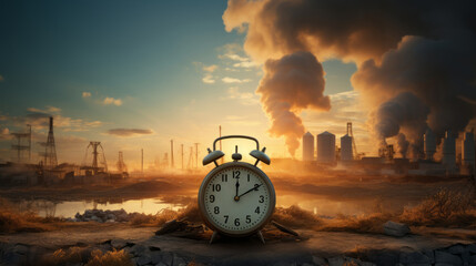 Air pollution: old clock that is broken picture industrial factory emitting pollution It means time...