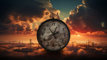 Air pollution: old clock that is broken picture industrial factory emitting pollution It means time is running out. If we continue to release pollutants, atmosphere the earth will be destroyed - obrazy, fototapety, plakaty