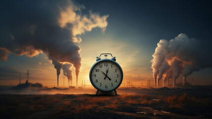 Air pollution: old clock that is broken picture industrial factory emitting pollution It means time is running out. If we continue to release pollutants, atmosphere the earth will be destroyed - obrazy, fototapety, plakaty