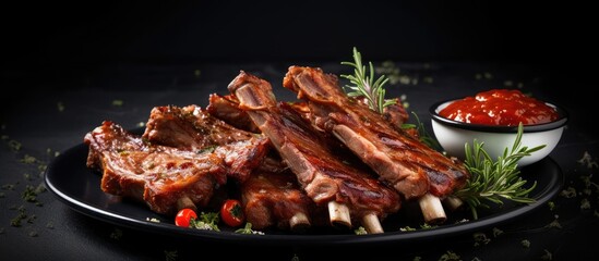 Grilled and BBQ pork ribs with sauce. - obrazy, fototapety, plakaty