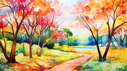 Watercolor autumn landscape with colorful trees.