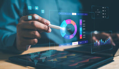 Concept digital transformation technology strategy, Analyst working with Business, Analytics and Data Management System on computer, make a report with KPI and metrics connected to database. Corporate - obrazy, fototapety, plakaty