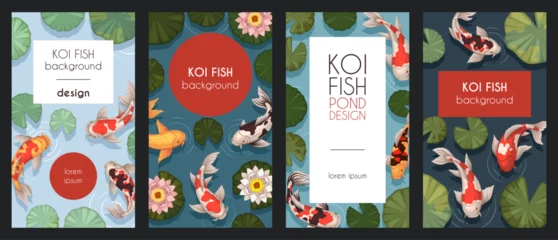 Fotobehang Chinese koi fish cards. Spotted japanese carps, top view, decorative pond elements, water lilies, lotuses and pebbles, lake plants, banners template. Posters with copy space. Tidy vector set © YummyBuum
