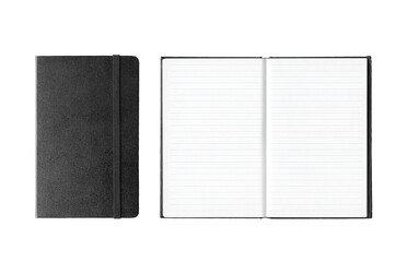Black closed and open notebooks isolated on white